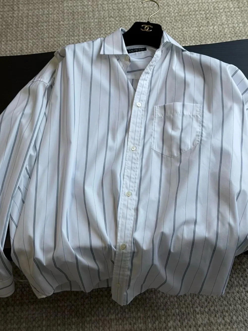 Balenciaga White Shirt with Black Logo and Navy Pinstripes - Picture 2 of 5
